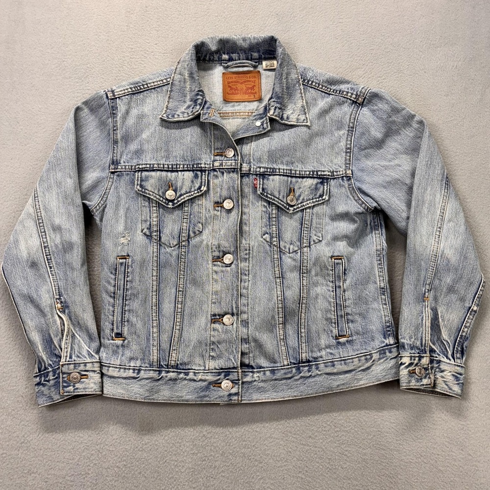 Levis Denim Jacket Womens Small Light Wash Trucker Distressed Grunge Biker